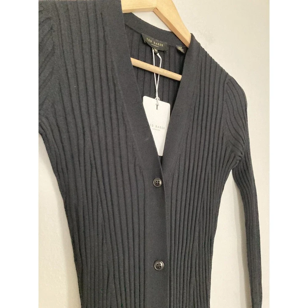 NEW Ted Baker Nardaa Longline Cardigan Dress Ribbed MEDIUM Black Viscose - Picture 7 of 16